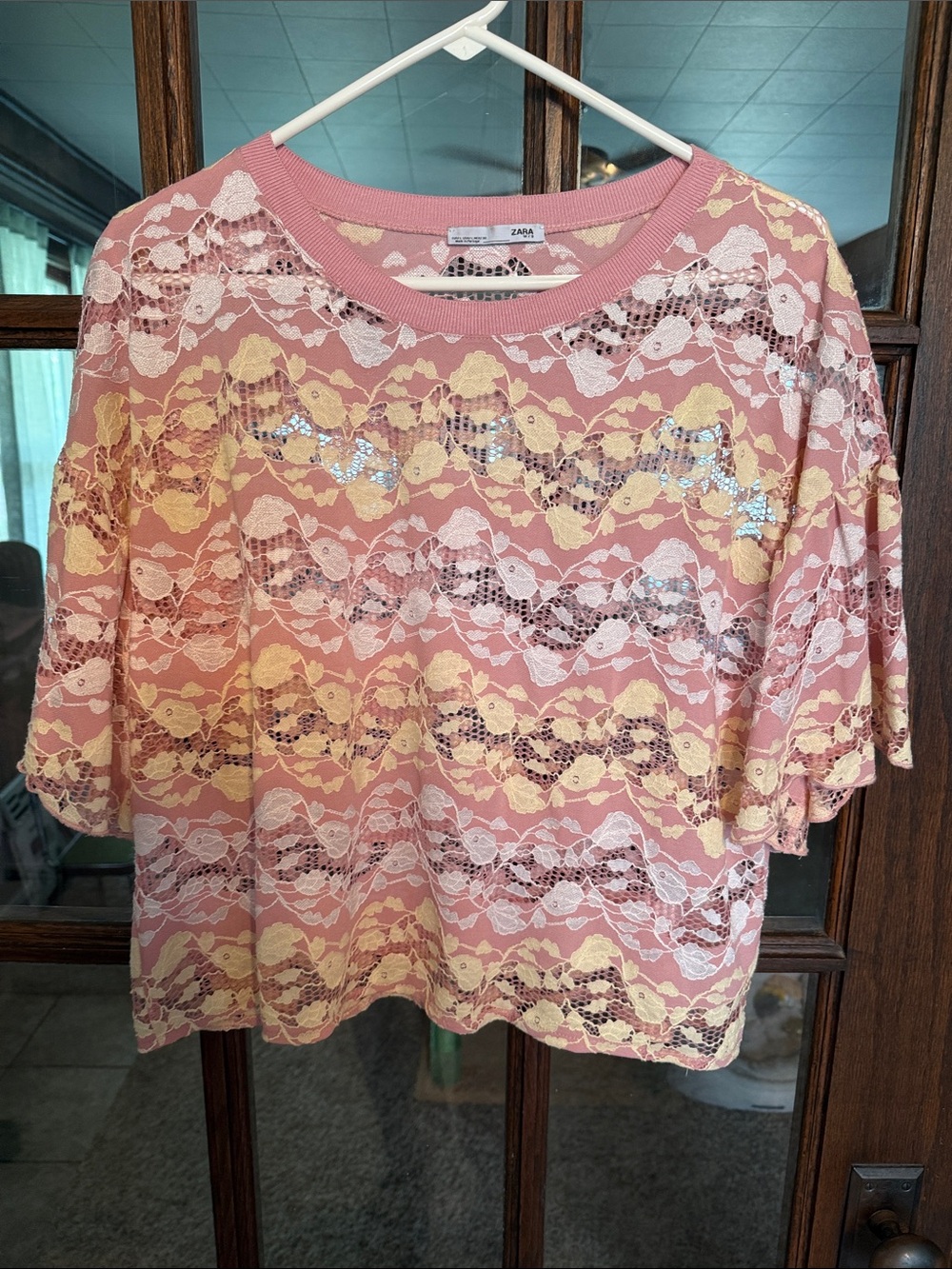 Zara Womens Pink Yellow White Floral Lace Short Sleeve Boxy Boho Top Large